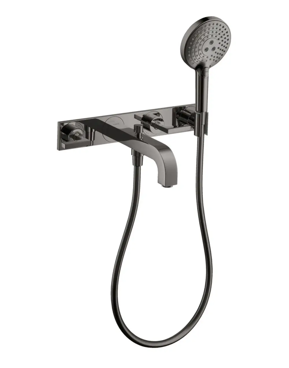 Wannenarmatur von AXOR in glänzendem Schwarzchrom, bestehend aus Wandmontage, einem Auslauf und einem Handbrausekopf mit flexibler Schlauchführung.